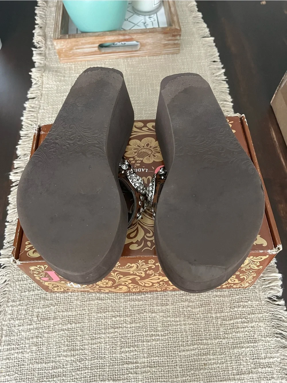 Brown Leopard Platform flip flops with Crystal Medallions